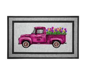 Door Mat Welcome, Wedding Gift, Housewarming 18" x 30" Pink Truck Tulips Florals Spring
