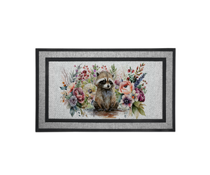 Door Mat Welcome, Wedding Gift, Housewarming Kitchen 18" x 30" Cute Raccoon Florals