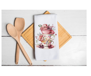 Waffle Towel Kitchen Bath Gift Wedding Anniversary House Warming 16" X 24" Pink Stacked Teacups Florals