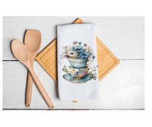 Waffle Towel Kitchen Bath Gift Wedding Anniversary House Warming 16" X 24" Blue Stacked Teacups Florals