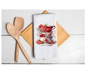 Waffle Towel Kitchen Bath Gift Wedding Anniversary House Warming 16" X 24" Red Pink Stacked Teacups Florals
