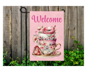 Yard Flag Garden Flag 12" x 18" Polyester Welcome Stacked Teacups Floral Tea Cup Pink