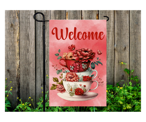 Yard Flag Garden Flag 12" x 18" Polyester Welcome Stacked Teacups Floral Tea Cup Red
