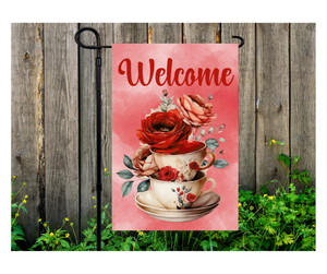 Yard Flag Garden Flag 12" x 18" Polyester Welcome Stacked Teacups Floral Tea Cup Reds