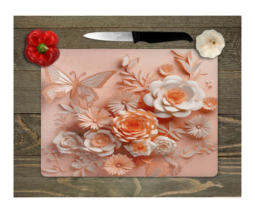 Glass Cutting Board Kitchen Prep Display Home Decor Gift Housewarming Butterfly Floral Peach
