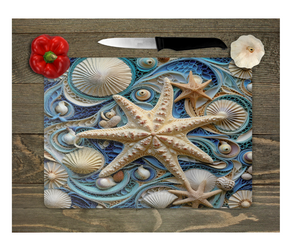 Glass Cutting Board Kitchen Prep Display Home Decor Gift Housewarming Seashells Star Blue White Beige Ocean
