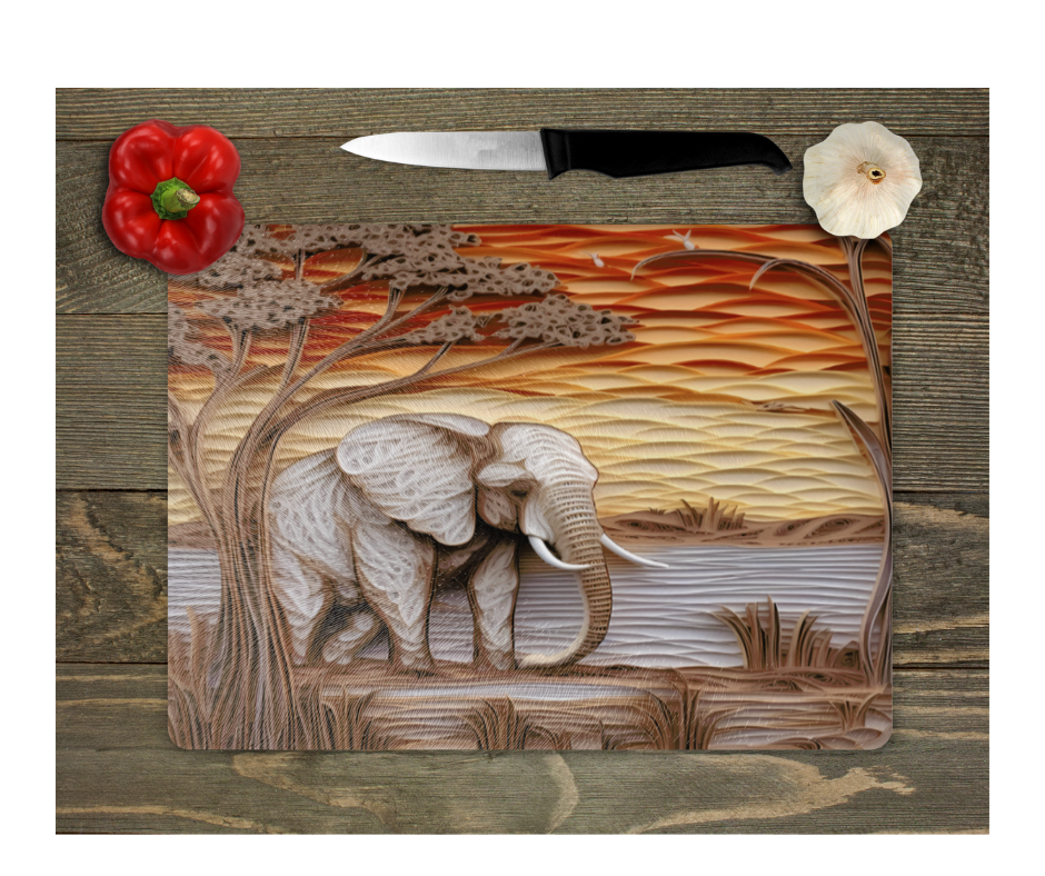 Glass Cutting Board Kitchen Prep Display Home Decor Gift Housewarming Elephant Trees Safari