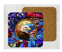 Load image into Gallery viewer, Hardboard Cork Back Set of 4 Square Coasters Gift Housewarming Home Eagle USA Flag America