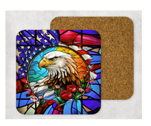 Load image into Gallery viewer, Hardboard Cork Back Set of 4 Square Coasters Gift Housewarming Home Eagle USA Flag America