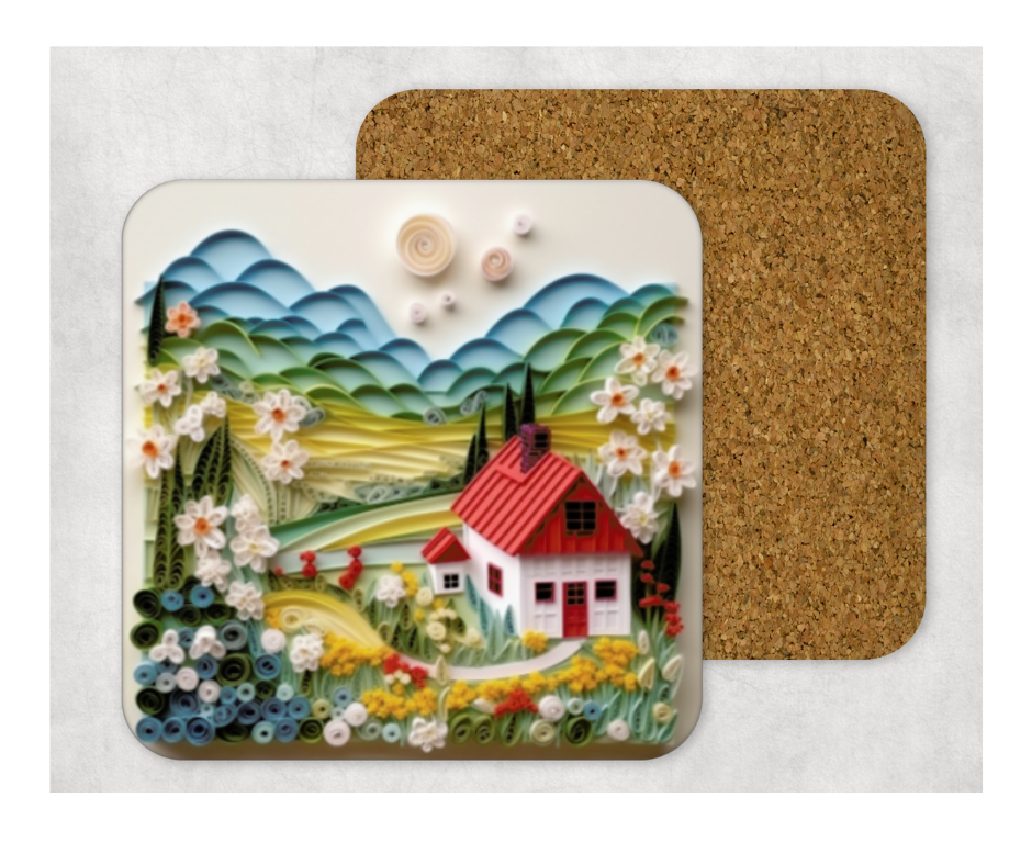 Hardboard Cork Back Set of 4 Square Coasters Gift Housewarming Home Country House Mountains Floral Lake River