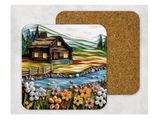 Load image into Gallery viewer, Hardboard Cork Back Set of 4 Square Coasters Gift Housewarming Home Country House Mountains Floral Lake River