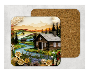 Hardboard Cork Back Set of 4 Square Coasters Gift Housewarming Home Country House Mountains Floral Lake River