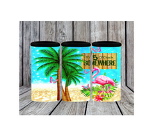 Load image into Gallery viewer, 12 oz Stainless Steel 4 in 1 Can Cooler 2nd Lid Straw 5 O Clock Somewhere Flamingo Beach Summer Palm Tree