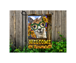 Yard Flag Garden Flag 12" x 18" Polyester Alpaca Welcome Sunflower Glasses