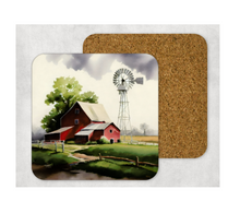 Load image into Gallery viewer, Hardboard Cork Back Set of 4 Square Coasters Gift Housewarming Home Red Barn Windmill Farm Country Scene