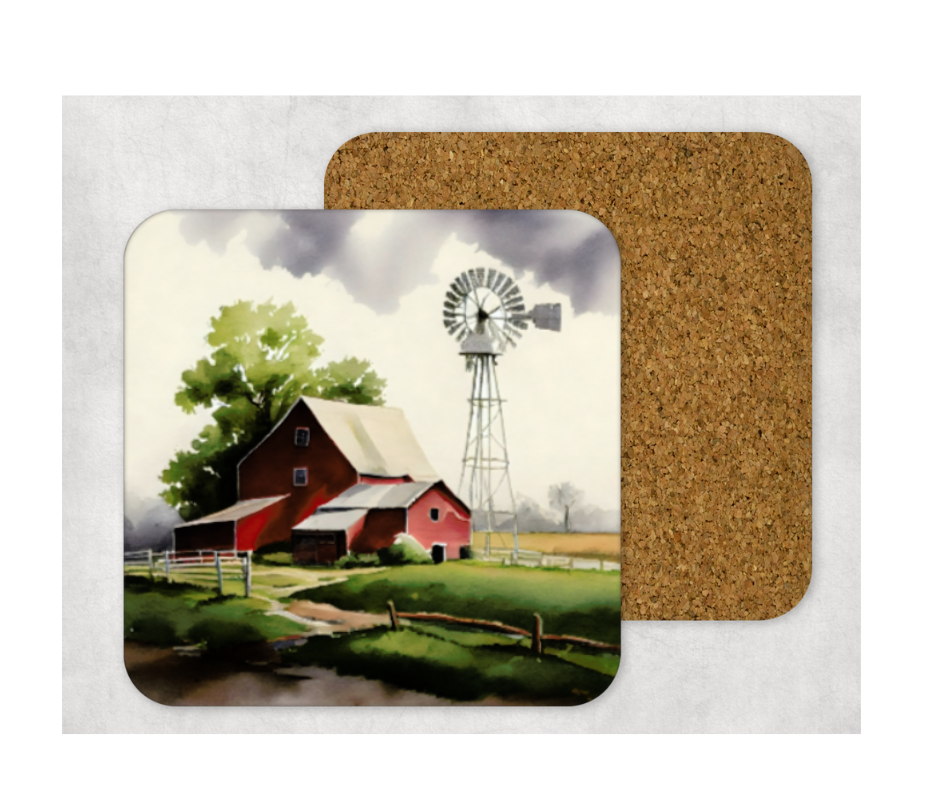 Hardboard Cork Back Set of 4 Square Coasters Gift Housewarming Home Red Barn Windmill Farm Country Scene