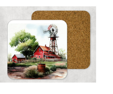 Load image into Gallery viewer, Hardboard Cork Back Set of 4 Square Coasters Gift Housewarming Home Red Barn Windmill Farm Country Scene