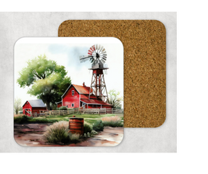 Hardboard Cork Back Set of 4 Square Coasters Gift Housewarming Home Red Barn Windmill Farm Country Scene