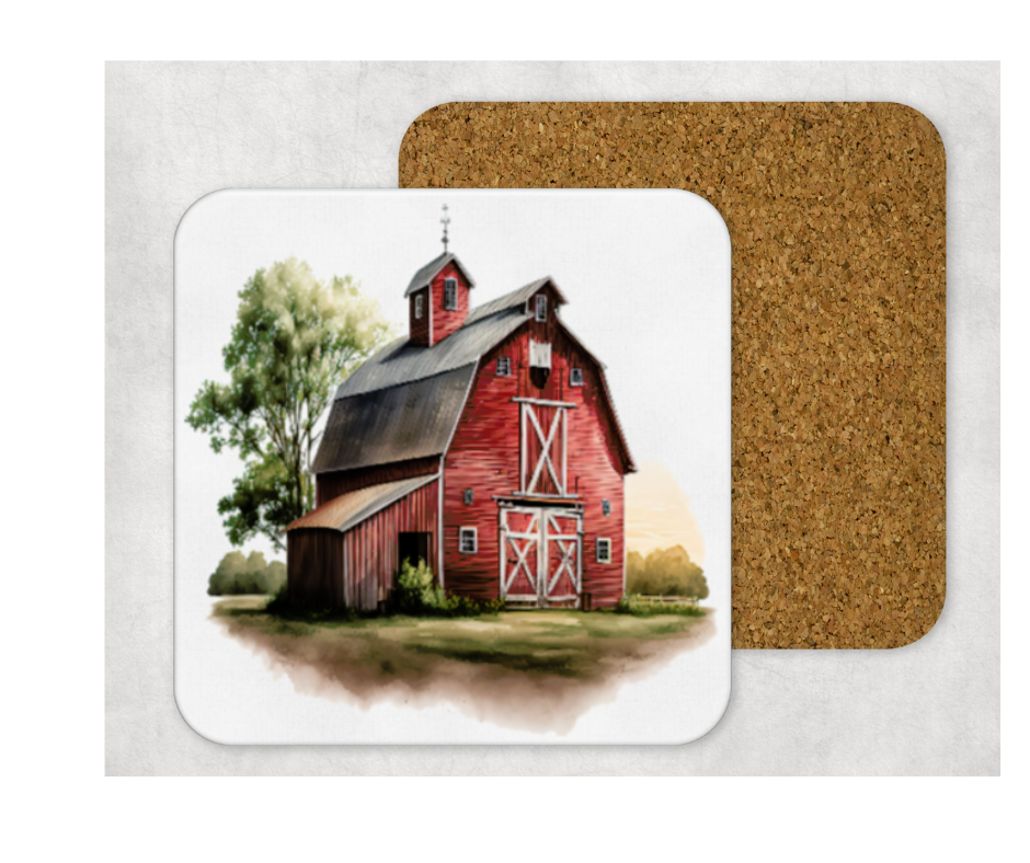 Hardboard Cork Back Set of 4 Square Coasters Gift Houseware Home Farm Red Barn Chicken Cow Pigs