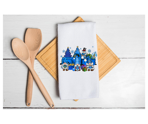 Waffle Towel Kitchen Bath 16" X 24" Blue Truck Gnome Trees Christmas Snowman