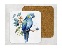 Load image into Gallery viewer, Hardboard Cork Back Set of 4 Square Coasters Gift Housewarming Home Blue Parrot Bird Outdoors