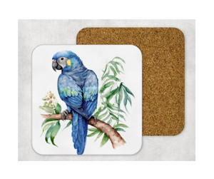 Hardboard Cork Back Set of 4 Square Coasters Gift Housewarming Home Blue Parrot Bird Outdoors