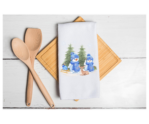 Waffle Towel Kitchen Bath 16" X 24" Blue Trees Christmas Snowman