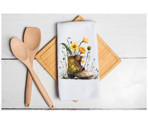 Waffle Towel Kitchen Bath 16" X 24" Floral Boot Flowers