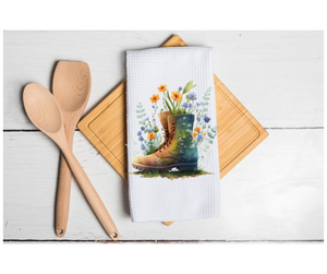 Waffle Towel Kitchen Bath 16" X 24" Floral Boot Flowers