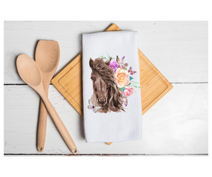 Waffle Towel Kitchen Bath 16" X 24" Brown Horse Florals Butterfly