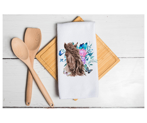 Waffle Towel Kitchen Bath 16" X 24" Brown Horse Floral Butterfly