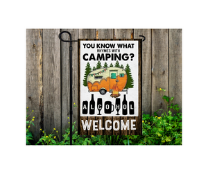 Yard Flag Garden Flag 12" x 18" Polyester Camping Rhymes Alcohol Welcome