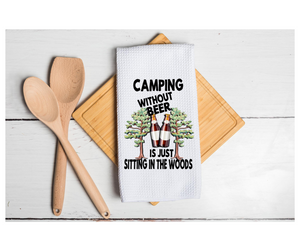 Waffle Towel Kitchen Bath 16" X 24" Camping Campsite Camping Without Beer Sitting in Woods Bottles