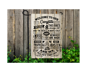 Yard Flag Garden Flag 12" x 18" Polyester Welcome To Our Campsite Light Brown Background
