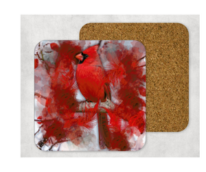 Hardboard Cork Back Set of 4 Square Coasters Gift Housewarming Home Cardinal Bird