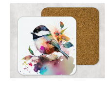 Load image into Gallery viewer, Hardboard Cork Back Set of 4 Square Coasters Gift Housewarming Home Chickadee Bird Outdoors