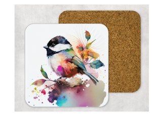 Hardboard Cork Back Set of 4 Square Coasters Gift Housewarming Home Chickadee Bird Outdoors