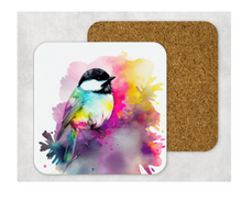 Load image into Gallery viewer, Hardboard Cork Back Set of 4 Square Coasters Gift Housewarming Home Chickadee Bird Outdoors