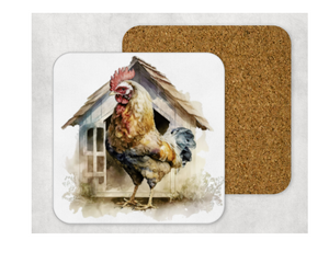 Hardboard Cork Back Set of 4 Square Coasters Gift Housewarming Home Chickens Coop Farm Barnyard Animal