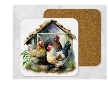Load image into Gallery viewer, Hardboard Cork Back Set of 4 Square Coasters Gift Houseware Home Farm Red Barn Chicken Cow Pigs