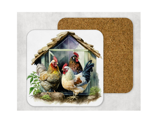 Hardboard Cork Back Set of 4 Square Coasters Gift Housewarming Home Chickens Coop Farm Barnyard Animal