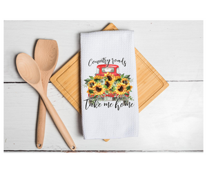 Waffle Towel Kitchen Bath 16" X 24" Country Roads Take Me Home Sunflowers Red Truck