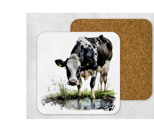 Hardboard Cork Back Set of 4 Square Coasters Gift Houseware Home Farm Red Barn Chicken Cow Pigs