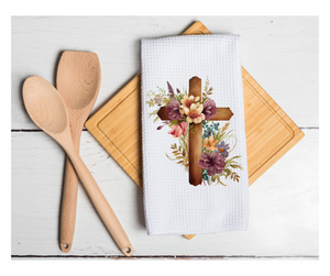Waffle Towel Kitchen Bath 16" X 24" Cross Floral Spring Easter Religious