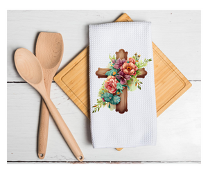 Waffle Towel Kitchen Bath 16" X 24" Cross Florals Spring Easter Religious