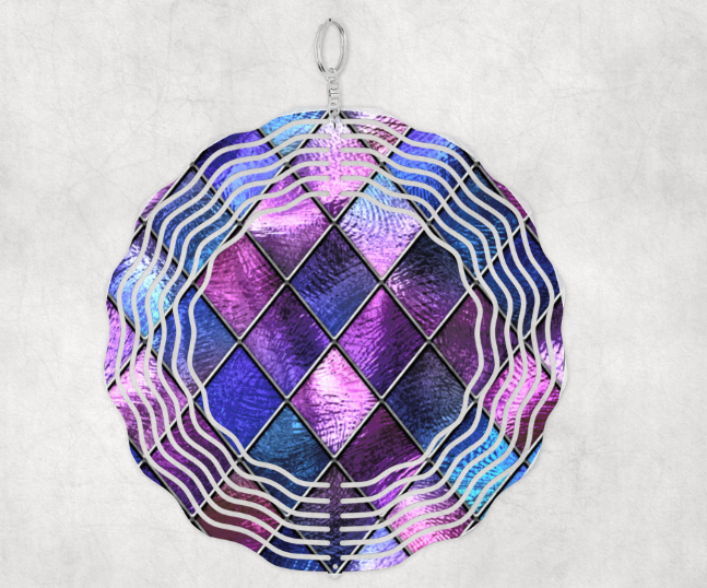 Wind Spinner Porch Yard Garden Ornament 10 Inch Size Diamond Stained Glass Purple Pink Blue