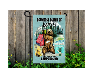 Yard Flag Garden Flag 12" x 18" Polyester Camping Campsite Drunkest Bunch Assholes Campground Bear Teal