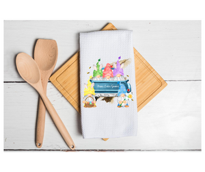Waffle Towel Kitchen Bath 16" X 24" Easter Gnomes Blue Truck Happy Easter Gnomies