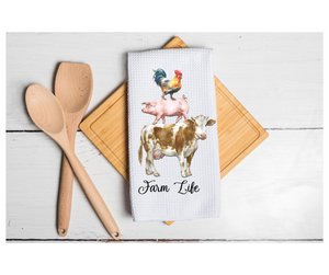 Waffle Towel Kitchen Bath 16" X 24" Farm Life Chicken Rooster Pig Cow