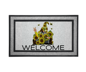 Door Mat Welcome, Wedding Gift, Housewarming 18" x 30" Yellow Gnome Sunflowers Bee